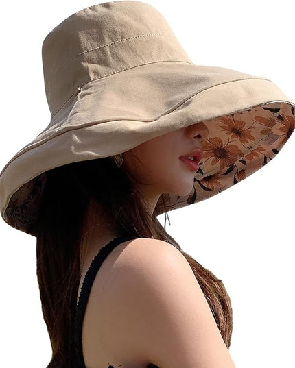 HUAMULAN Women Summer Sun Hat Wide Brim Wired Edge Floral Beach Bucket Hats Reversible Foldable Travel UV Protection Lady Hat