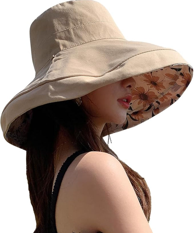 HUAMULAN Women Summer Sun Hat Wide Brim Wired Edge Floral Beach Bucket Hats Reversible Foldable Travel UV Protection Lady Hat