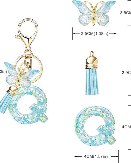 Fashion Alphabet Initial Letter Keychain Tassel Butterfly Pendant Key Ring for Purse Handbags Women Girl