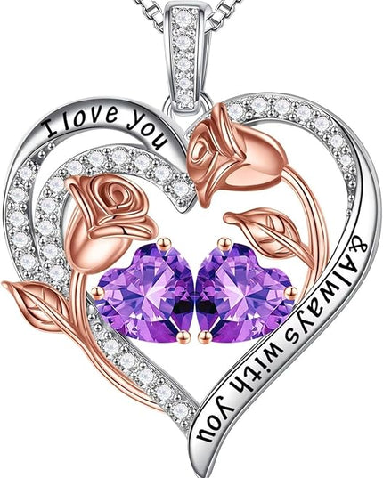 Iefil Christmas Gifts for Women Wife - 925 Sterling Silver Rose Heart Birthstone Necklace Birthday Anniversary Jewelry Gifts for Her Wife Mom Daughter