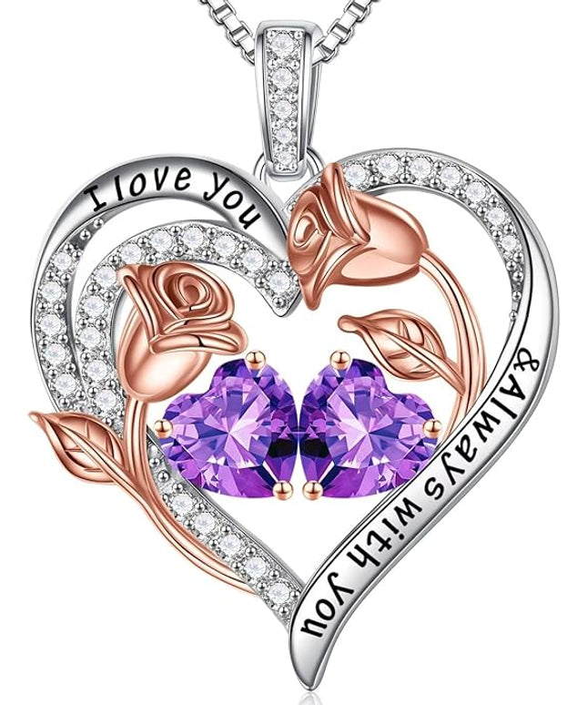 Iefil Christmas Gifts for Women Wife - 925 Sterling Silver Rose Heart Birthstone Necklace Birthday Anniversary Jewelry Gifts for Her Wife Mom Daughter
