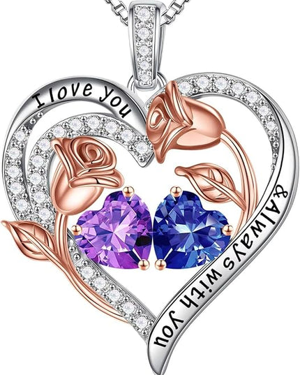Iefil Christmas Gifts for Women Wife - 925 Sterling Silver Rose Heart Birthstone Necklace Birthday Anniversary Jewelry Gifts for Her Wife Mom Daughter
