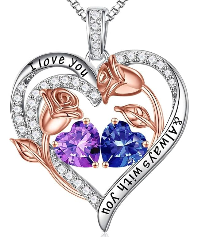 Iefil Christmas Gifts for Women Wife - 925 Sterling Silver Rose Heart Birthstone Necklace Birthday Anniversary Jewelry Gifts for Her Wife Mom Daughter