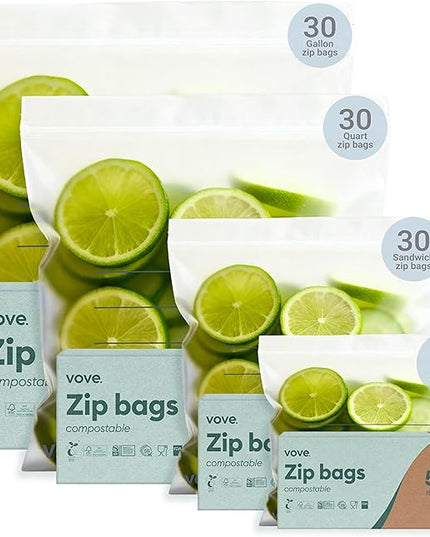 Vove Compostable Storage Bags 140 Ct Multi-Size (S/M/L/XL) – PFAS-Free, BPI Certified, Freezer Safe with Airtight Seal for Food & Meal Prep, Plant-Based
