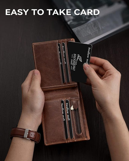 Swallowmall Leather Wallet for Mens Genuine Leather RFID Blocking Bifold Wallets with 1 ID Window 15 Card Slots