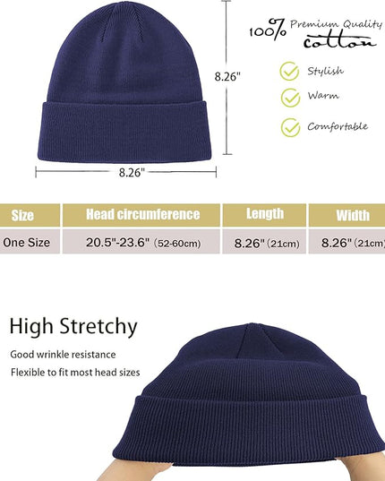 100% Cotton Beanie Hat- Unisex Ultra Soft Winter Warm Stretch Knit Cuffed Hats Fisherman Beanies Skull Cap