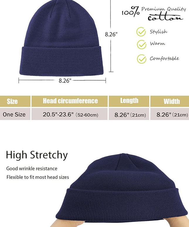 100% Cotton Beanie Hat- Unisex Ultra Soft Winter Warm Stretch Knit Cuffed Hats Fisherman Beanies Skull Cap