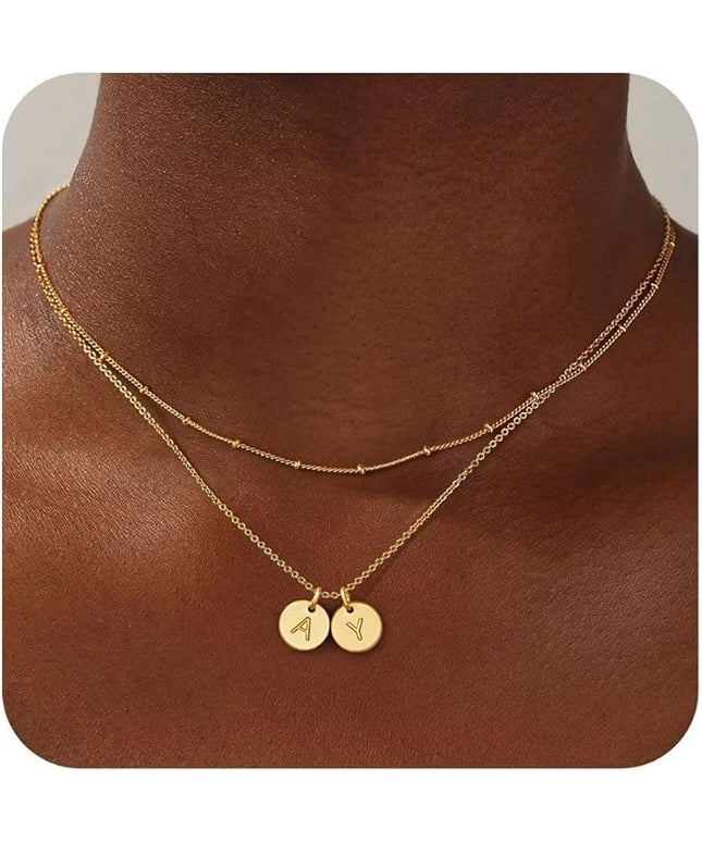 Turandoss Christmas Gifts for Grandkids - Dainty 14K Gold Plated Layered Two Letter A-Z Stack Disc Initial Necklace Trendy Birthday Personalized Gifts for Women Teen Girls Jewelry