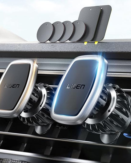 LISEN 2 Pack Magnetic Phone Holder for Your Car - 6 Military Magnets Vent Cell Phone Mount (Silver)