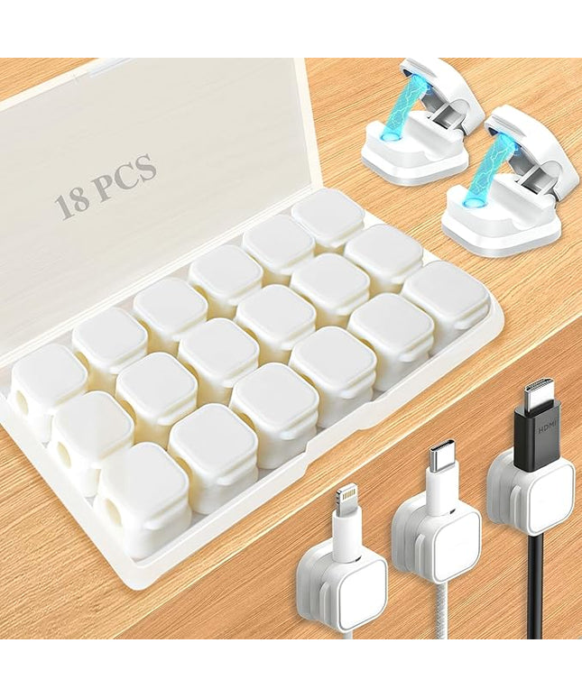 18 Pack Cord Organizer Holder, Magnetic Cable Clips Management, Easy Adhesive Phone Charging Cable Keeper, Hide Or Organize Desk Cable for Kitchen, Office, Car, Nightstand（White）