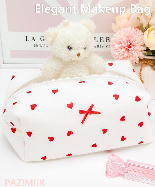 PAZIMIIK Cozy Makeup Bag Small Aesthetic Travel Zipper Cosmetic Pouch for Women Make Up Beauty Accessories Brushes,Heart Red