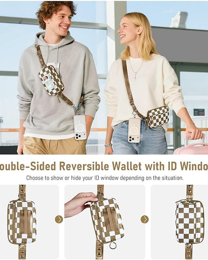 Clip and Go Strap for Phone with Wallet Crossbody Phone Lanyard and Detachable Checkered Bag with ID Window and RFID Pouch for Daily Travel.