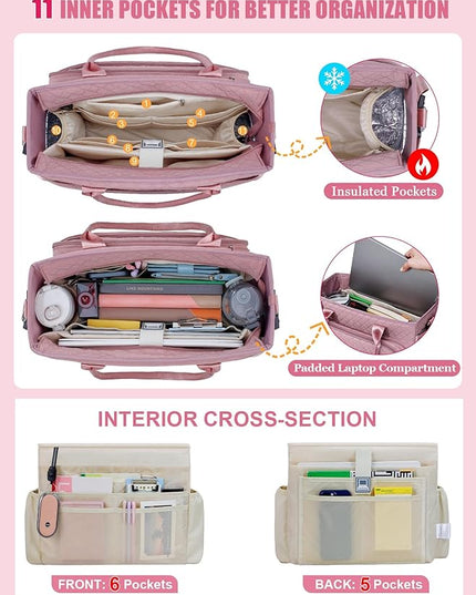 FIORETTO Teacher Tote Bag for Women with Laptop Compartment, Large Cup Holder, Zip Closure, Ideal for Work, Bible, Nurse