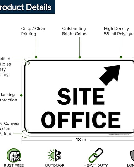 Site Office Up Right Arrow Sign, 12x18 Inches, 55 mil thick HDPS (high density polystyrene), Made in USA by My Sign Center