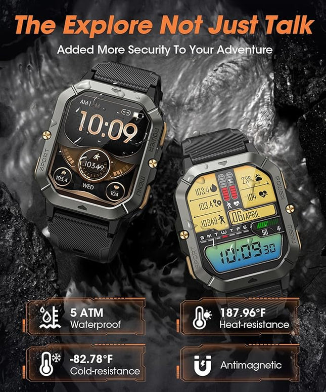 Military Smart Watches for Men (Answer/Make Calls), 2.02'' Fitness Smart Watch for Android and iPhone, Waterproof Fitness Tracker with Blood Pressure/Heart Rate/Sleep/100+ Sport Modes, Watches for Men