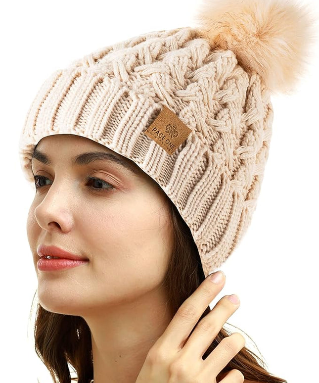 PAGE ONE Womens Winter Ribbed Beanie Crossed Cap Chunky Cable Knit Pompom Soft Warm Hat