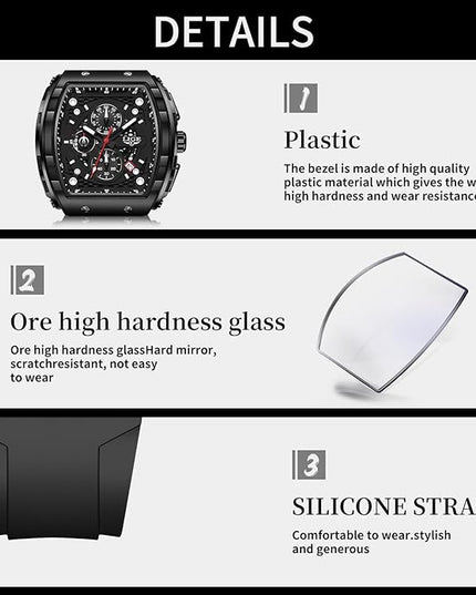 Mens Watches,Unique Rectangular Quartz Analog Watch,Outdoor Sports Multi-Function Watch,Chronograph/Waterproof/Luminous/Calendar,Durable Silicone Strap Mens Casual Watches