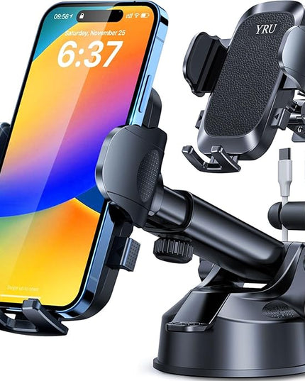 YRU [True Upgrade for Safety] Car Phone Holder Mount [Patent & Military-Grade] Dashboard Cell Phone Holder for Car Vent Windshield Phone Stand for iPhone 17 16 15 14 13 Pro Max Truck Samsung, Black