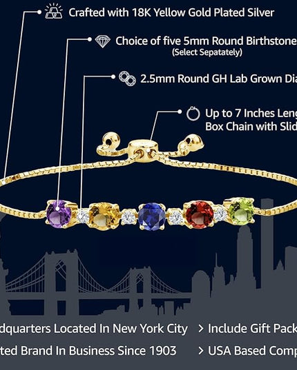 Gem Stone King 5.26 Cttw Customized Personalized 5-Stone Tennis Bracelet For Women | 18K Yellow Gold Plated Silver | Gemstone Birthstone | Adjustable Bolo Bracelet For Women | Easy-On Easy-Off