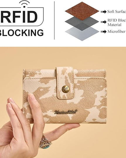 Montana West Small Wallets for Women Trifold Cow Print Wallet Ladies Female Credit Card Cash Wallet Western RFID Blocking Womens Wallets Khaki with ID Window