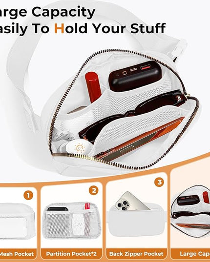 Cwualo Belt Bag Zipper Fanny Pack Crossbody Bags for Women,Fashion Nylon Waist Packs, Water Repellent Two Way wear with Adjustable Strap Gifts for Teenage Girls Women Men(white)