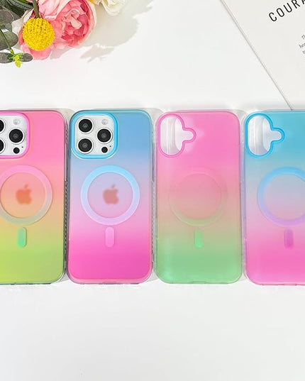 Aesthetic Case for iPhone 16 Pro Max Case for Women Girls, Compatible with Magsafe, Cute Girly Trendy Glitter Sparkly Rainbow Magnetic Protective Phone Cover, Matte Iridescent Pink & Green