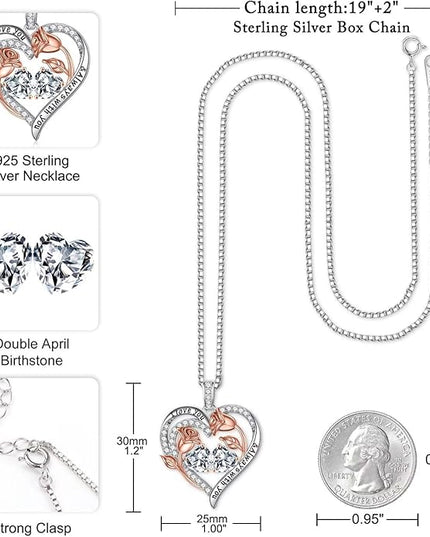 Iefil Christmas Gifts for Women Wife - 925 Sterling Silver Rose Heart Birthstone Necklace Birthday Anniversary Jewelry Gifts for Her Wife Mom Daughter