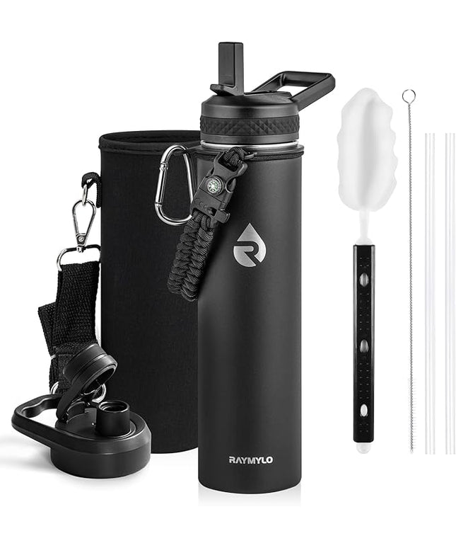 Insulated Water Bottle 24oz, Triple Wall Vacuum Stainless Steel (Cold for 48 Hrs, Hot for 24Hrs), Leak Proof & Non-BPA, 24oz Hydro Water Flask with Paracord Handle & Straw Spout Lids