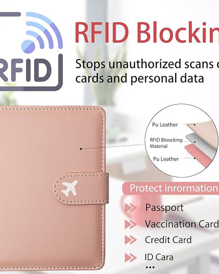 Passport Holder, Travel Wallet Cover with Pen Loop | Cute RFID Blocking Leather Case with Magnetic Closure for Travel Essentials-Pink