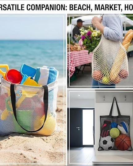 Mesh Grocery Bags 4 Pack, Reusable Cotton String Shopping Totes with Long Handles, Heavy Duty Holds 40lbs for Farmers Market, Produce, Fruit, Vegetable Storage & Beach