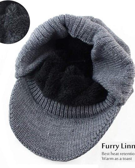 Winter Beanie w/Visor & Earflaps for Men Outdoor Fleece Hat Scarf Set