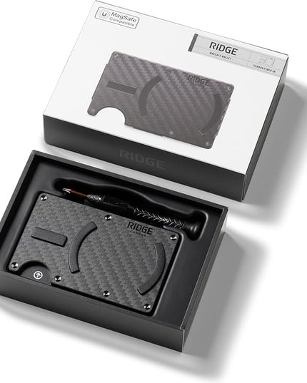 Ridge Wallets for Men Compatible with Magsafe - Slim Minimalist Compact Wallet and Card Holder, RFID Protected Front Pocket Wallets for Men with Integrated Cash Strap (Carbon Fiber 3K)