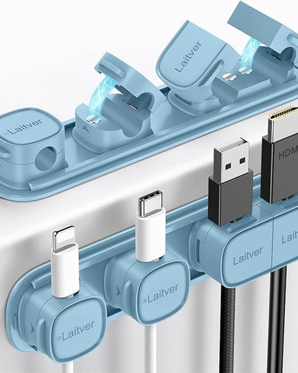6 Pack Magnetic Cable Clips [1s Open/Lock], Laitver Cord Organizer Holder Strong Adhesive Desk Cable Management- Organize Charging Cords Neatly for Home, Office, Car,Desk, Nightstand-Peak Blue