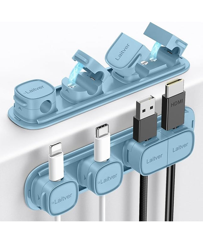 6 Pack Magnetic Cable Clips [1s Open/Lock], Laitver Cord Organizer Holder Strong Adhesive Desk Cable Management- Organize Charging Cords Neatly for Home, Office, Car,Desk, Nightstand-Peak Blue