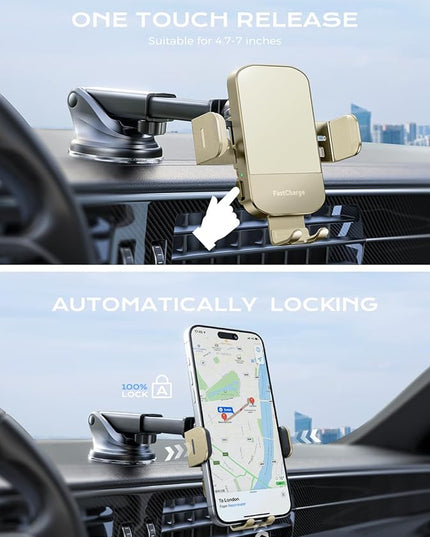 CHGeek Wireless Car Charger, 15W Fast Charging Auto Clamping Car Charger Phone Mount Phone Holder fit for iPhone 15 14 13 12 11 Pro Max Xs, Samsung Galaxy S25 Ultra S24 S23 S22, S21, S20, Khaki