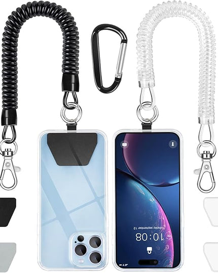 SHANSHUI Phone Tether Lanyard, Strong Spring Rope Climbing Hook, 4x Phone Tether Tabs Free Your Hand Stylish Phone Chain Strap for All Smartphones - 2PCS Black White