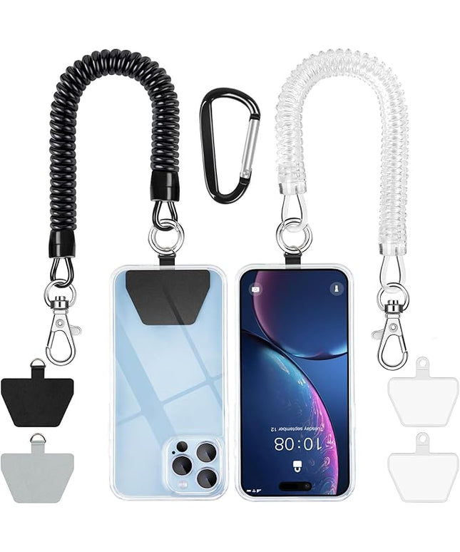 SHANSHUI Phone Tether Lanyard, Strong Spring Rope Climbing Hook, 4x Phone Tether Tabs Free Your Hand Stylish Phone Chain Strap for All Smartphones - 2PCS Black White