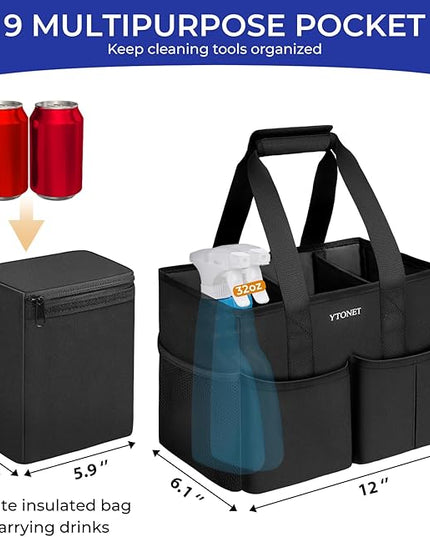 Ytonet Cleaning Caddy, Water Resistant Cleaning Supplies Organizer with Handle & Foldable Divider for Cleaners, Housekeeping Tote for Kitchen & Bathroom, Car Tool Caddy Organizer Bag, Black