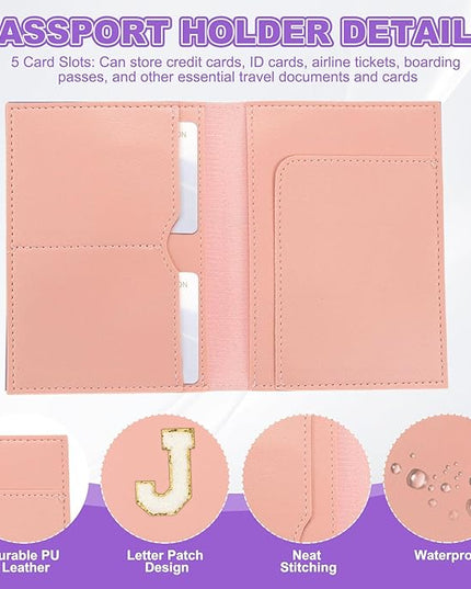 PATIKIL Passport Holder for Travel, Initial Passport Cover and Luggage Tag Set with Alphabet Chenille Letter Patch Travel Wallet Bag Suitcase Identifier for Women Family Travel Pink J