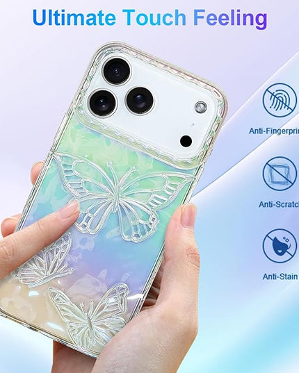 Cute Case for iPhone 17 Pro Case for Women Girls, with 3D Butterflies Pattern Design, Aesthetic Clear Iridescent Glitter Kawaii Girly Rainbow Protective Phone Cover