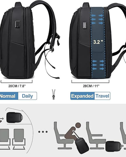 FENRUIEN Expandable Travel Backpack 15.6 Inch, Water Resistant Backpack with USB Charging Port, Black Laptop Bag for Work/Commuter/College