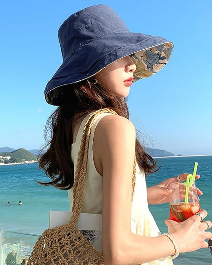 HUAMULAN Women Summer Sun Hat Wide Brim Wired Edge Floral Beach Bucket Hats Reversible Foldable Travel UV Protection Lady Hat