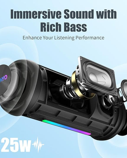 Bluetooth Speakers Wireless Loud Stereo Sound IPX7 Waterproof Outdoor Portable 25W Super Bass Speaker for Home Party Beach with 24H Playtime Colorful Lights BT5.3 TWS Pairing Birthday Gift Black