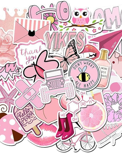 Girl's Pink Aesthetic Stickers - Waterproof Cute Stickers 50 PCS for Water Bottle, Laptop, Phone - Teens & Kids