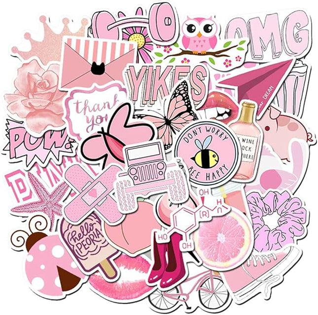 Girl's Pink Aesthetic Stickers - Waterproof Cute Stickers 50 PCS for Water Bottle, Laptop, Phone - Teens & Kids