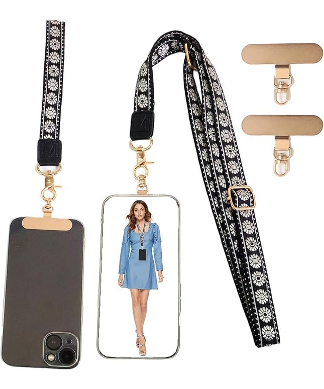 LEMEDE Phone Charm Lanyard, Gold Buckle Adjustable Crossbody and Wrist Strap with 2pcs 360-Degree Rotatable Phone Pad