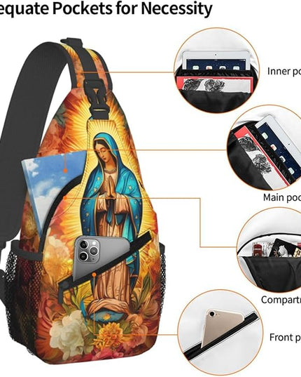 Our Lady of Guadalupe Sling Bag Crossbody Bags Clovers Chest Bag for Travel Hiking for Men Women Flower Mary 12