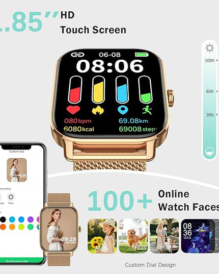 Smart Watch for Women Men Fitness: Waterproof Make Answer Call Digital Mens Watches Running Pedometer Smartwatch for Android Phone iPhone Samsung Compatible Heart Rate Monitor SpO2 Step Tracker Gold