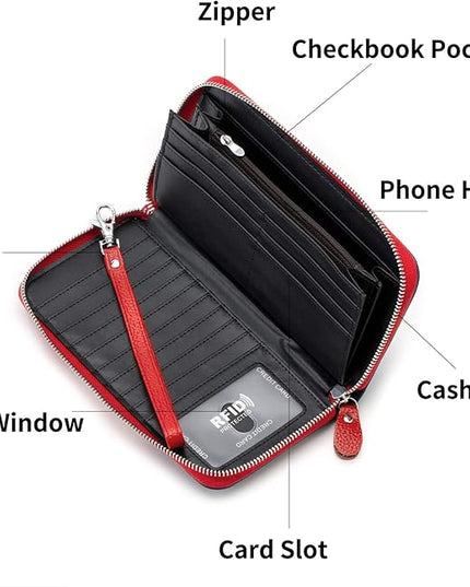 Moflycom Womens Wallet RFID Blocking Genuine Leather Multi Credit Card Large Capacity Zip Around Clutch Travel Purse Wristlet