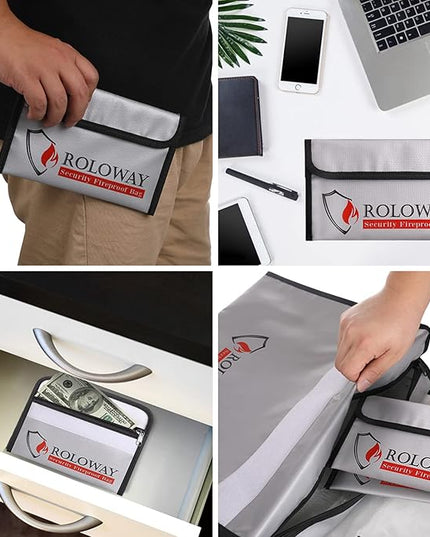 ROLOWAY Small Fireproof Bag (5 x 8 inches), Non-itchy Fireproof Money Bag for Cash, Valuables, Passport, Currency & Keys (2-Pack Silver)